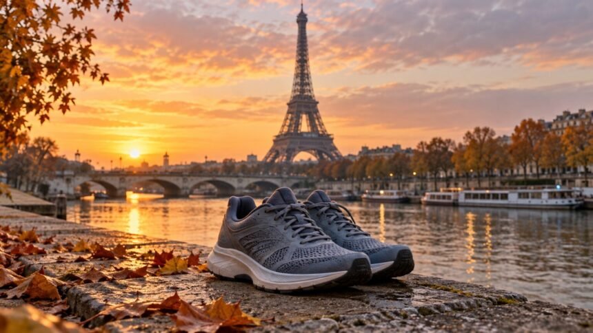 Chaussures de course sur un quai de Seine, avec la tour Eiffel à l’arrière-plan, illustration générée.