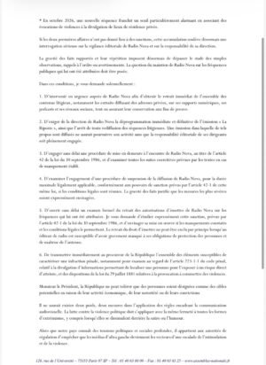 Radio nova : éric ciotti saisit l'arcom et réclame la suspension de la station Page 2 de la lettre d'Éric Ciotti à l'Arcom : les six demandes visant Radio Nova