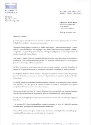 Radio nova : éric ciotti saisit l'arcom et réclame la suspension de la station Page 1 de la lettre d'Éric Ciotti à Martin Adjari, président de l'Arcom, datée du 16 octobre 2026