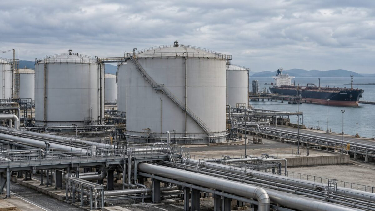 Réservoirs de stockage de carburant et navire-citerne dans un terminal portuaire