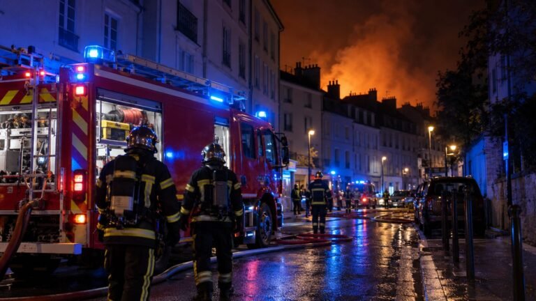 Illustration générée par intelligence artificielle : pompiers de nuit