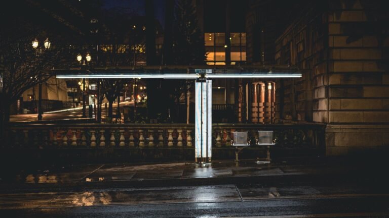 Abribus vide éclairé la nuit dans une rue de ville