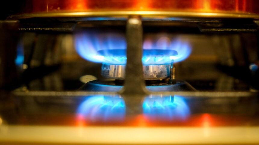 Flamme bleue sur un brûleur de cuisinière à gaz