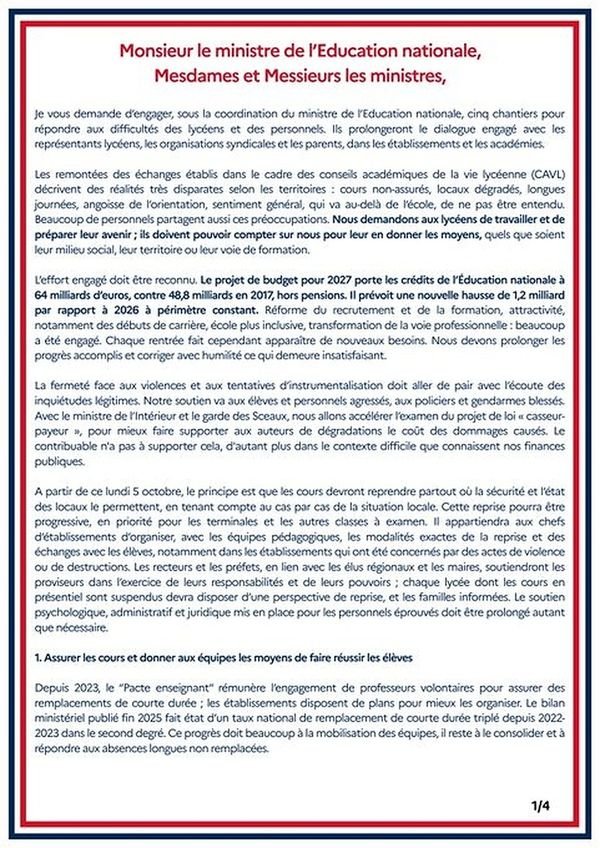 Lycées : lecornu fixe cinq chantiers, décisions avant fin octobre Page 1 sur 4 de la lettre de Sébastien Lecornu aux ministres : cinq chantiers pour répondre aux difficultés des lycéens, reprise des cours le 5 octobre