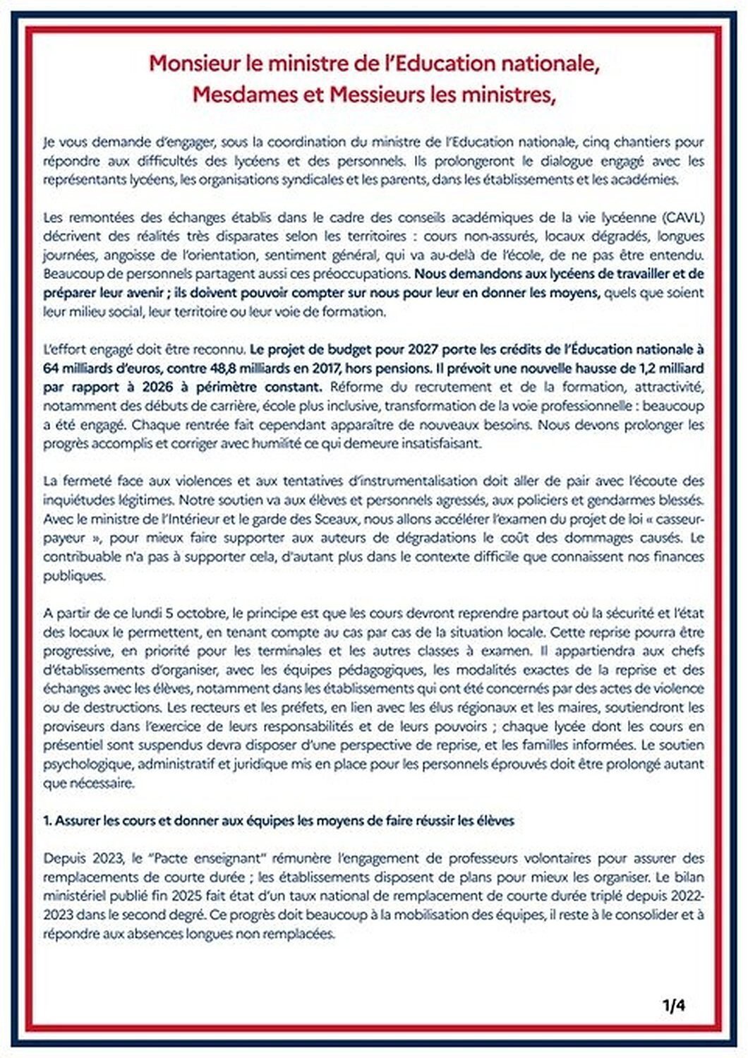 Lycées : lecornu fixe cinq chantiers, décisions avant fin octobre Page 1 sur 4 de la lettre de Sébastien Lecornu aux ministres : cinq chantiers pour répondre aux difficultés des lycéens, reprise des cours le 5 octobre