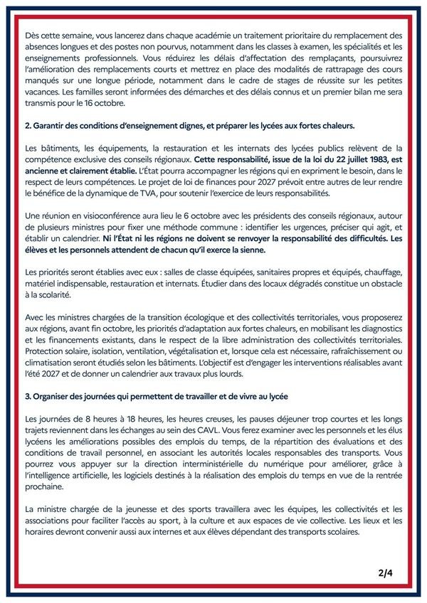 Lycées : lecornu fixe cinq chantiers, décisions avant fin octobre Page 2 sur 4 de la lettre de Sébastien Lecornu aux ministres : locaux des lycées, fortes chaleurs, journées de cours