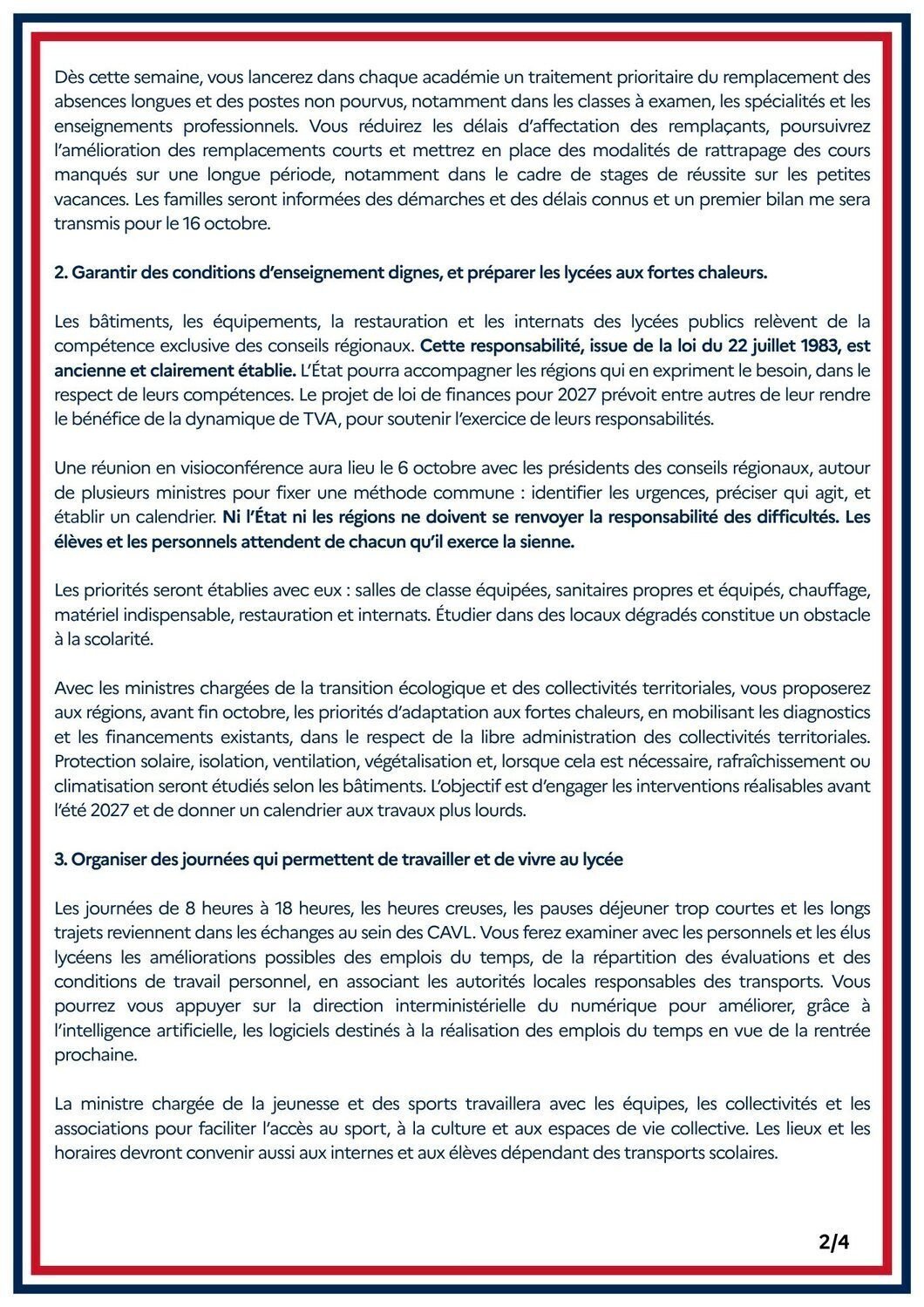 Lycées : lecornu fixe cinq chantiers, décisions avant fin octobre Page 2 sur 4 de la lettre de Sébastien Lecornu aux ministres : locaux des lycées, fortes chaleurs, journées de cours