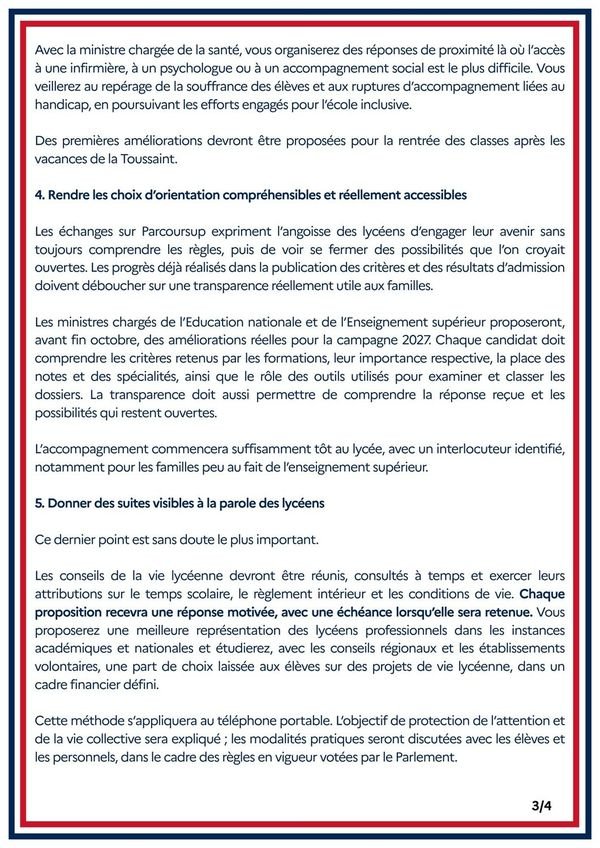 Lycées : lecornu fixe cinq chantiers, décisions avant fin octobre Page 3 sur 4 de la lettre de Sébastien Lecornu aux ministres : santé, Parcoursup, conseils de la vie lycéenne, téléphone portable