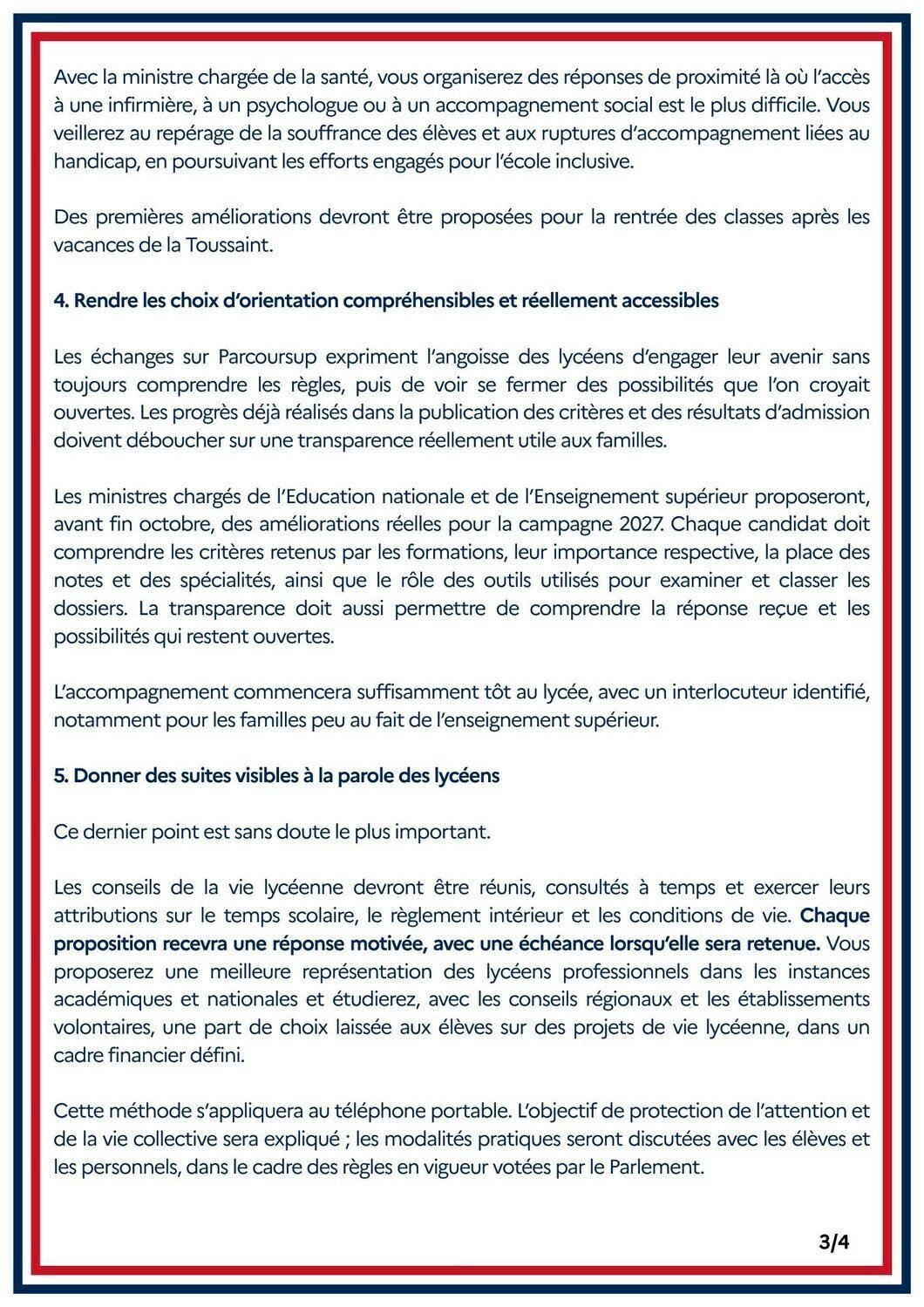 Lycées : lecornu fixe cinq chantiers, décisions avant fin octobre Page 3 sur 4 de la lettre de Sébastien Lecornu aux ministres : santé, Parcoursup, conseils de la vie lycéenne, téléphone portable