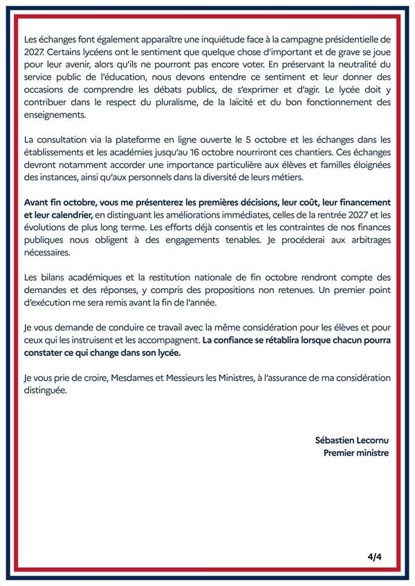 Lycées : lecornu fixe cinq chantiers, décisions avant fin octobre Page 4 sur 4 de la lettre de Sébastien Lecornu aux ministres : calendrier des décisions avant fin octobre, signature