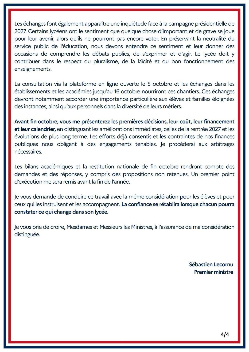 Lycées : lecornu fixe cinq chantiers, décisions avant fin octobre Page 4 sur 4 de la lettre de Sébastien Lecornu aux ministres : calendrier des décisions avant fin octobre, signature