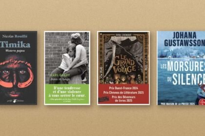 Couvertures de Timika, Juno et Legs, Le Grand Voyage et Les Morsures du silence sur fond kraft