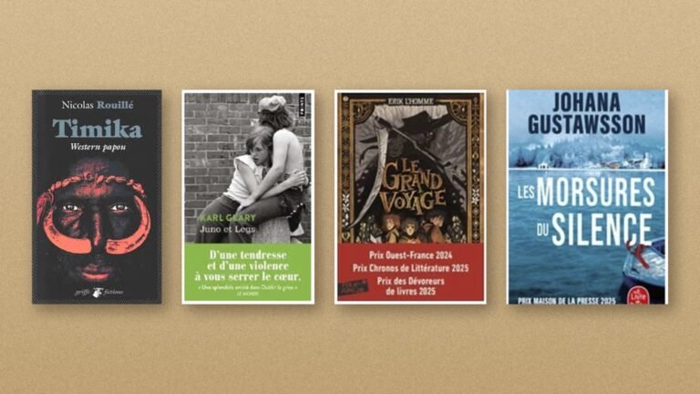 Couvertures de Timika, Juno et Legs, Le Grand Voyage et Les Morsures du silence sur fond kraft