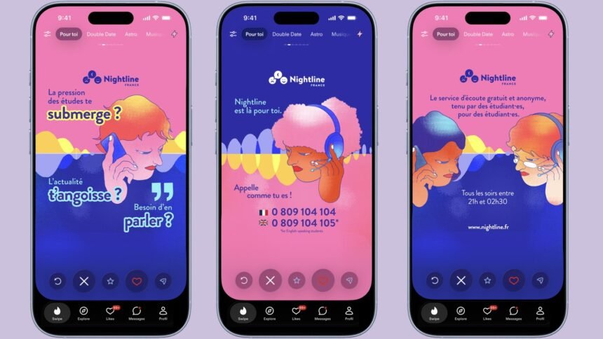 Tinder Nightline : des Swipe Cards pour orienter les 18-25 ans vers l'écoute