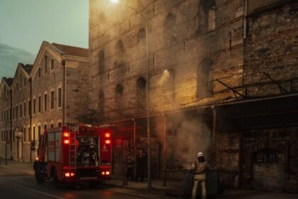 Pompiers devant un bâtiment historique à la tombée de la nuit, illustration