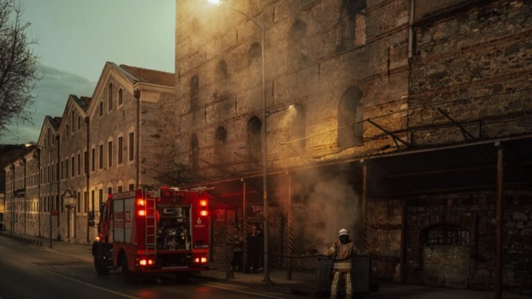 Reconstruction de la mairie de limoges : lecornu promet l'aide de l'état Pompiers devant un bâtiment historique à la tombée de la nuit, illustration