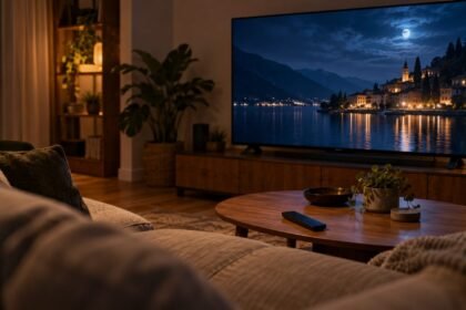 un salon français le soir, un canapé et une télécommande devant un grand téléviseur allumé sur un film, lumière tamisée