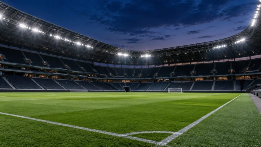 un grand stade de football vide sous les projecteurs en soirée, pelouse et tribunes, ambiance d’attente avant un match r