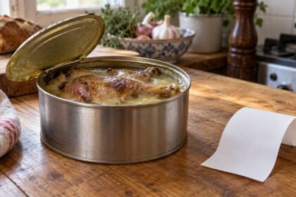 Boîte de conserve métallique de confit de canard posée sur un plan de travail de cuisine en bois, à côté d'un ticket de