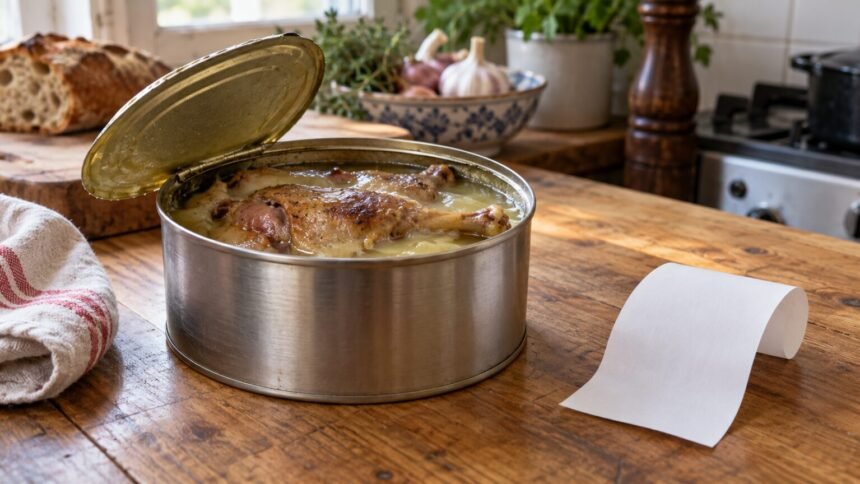 Boîte de conserve métallique de confit de canard posée sur un plan de travail de cuisine en bois, à côté d'un ticket de