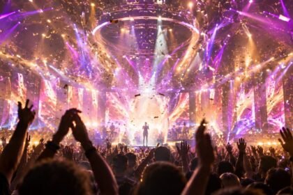 Plateau d’une émission musicale en direct, projecteurs et public (illustration)