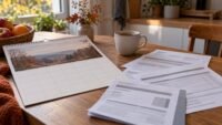 Versement caf novembre : rsa, apl et prime d'activité le jeudi 5 un calendrier mural de novembre posé sur une table de cuisine, des factures et un relevé bancaire, une tasse de café, am