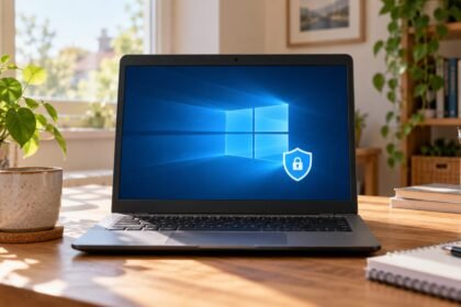 Ordinateur portable sur un bureau, avec un écran bleu et un symbole de protection