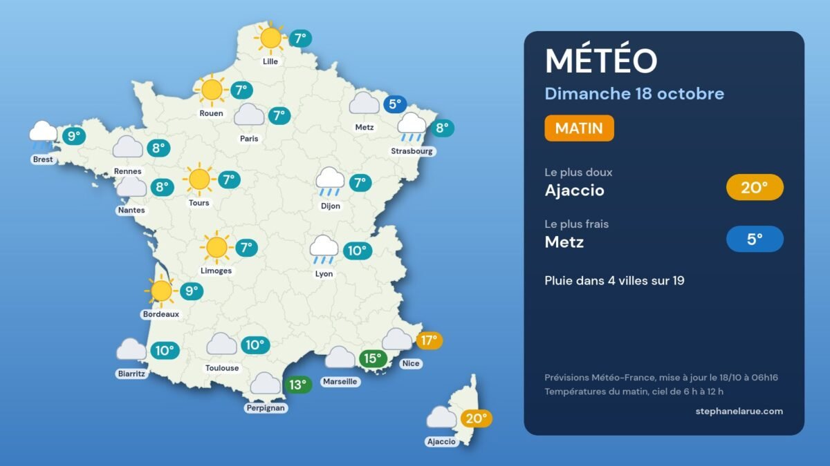 Météo du dimanche 18 octobre : jusqu’à 24 °c en corse, pluie à l’ouest Carte météo de la France du dimanche 18 octobre, le matin