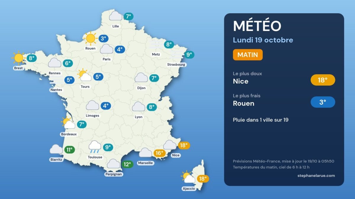 Carte météo de la France du lundi 19 octobre, le matin