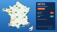 Météo du mardi 20 octobre : 26 °c à ajaccio, vigilance orange dans le sud-est Carte météo de la France du mardi 20 octobre, l’après-midi
