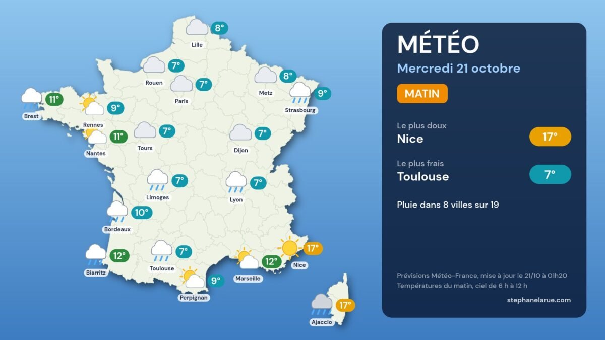 Météo du mercredi 21 octobre : 22 °c à nice, pluie et vent sur l'ouest et l'est Carte météo de la France du mercredi 21 octobre, le matin