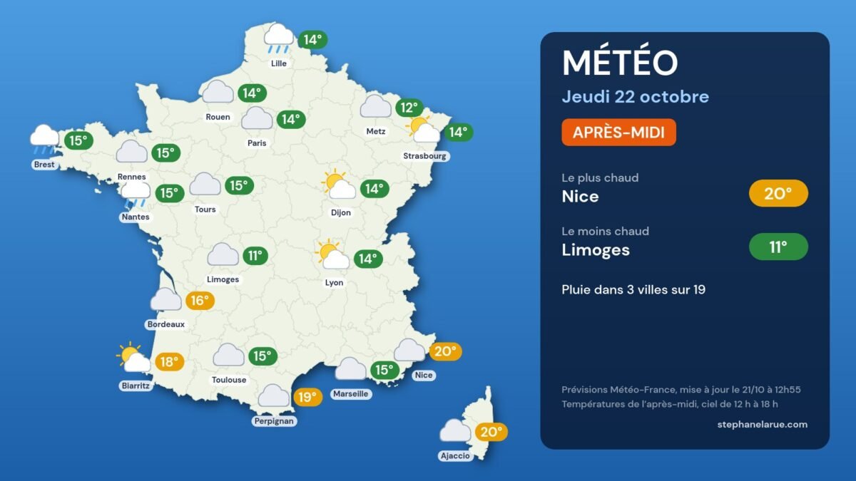 Carte météo de la France du jeudi 22 octobre, l’après-midi