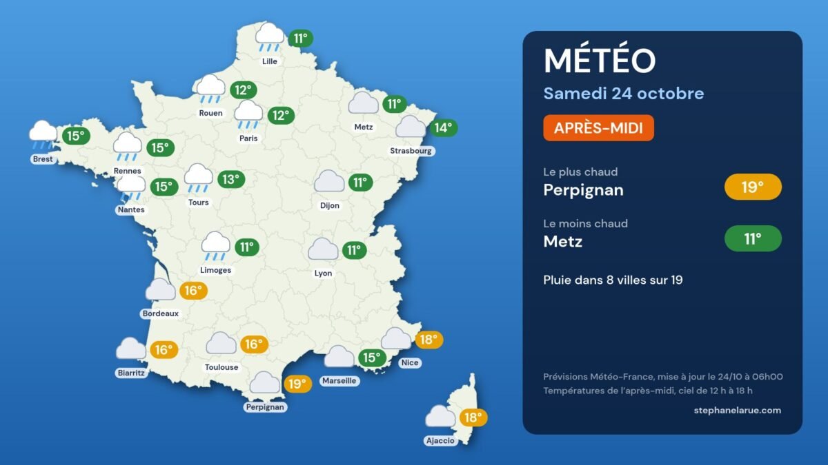 Carte météo de la France du samedi 24 octobre, l’après-midi