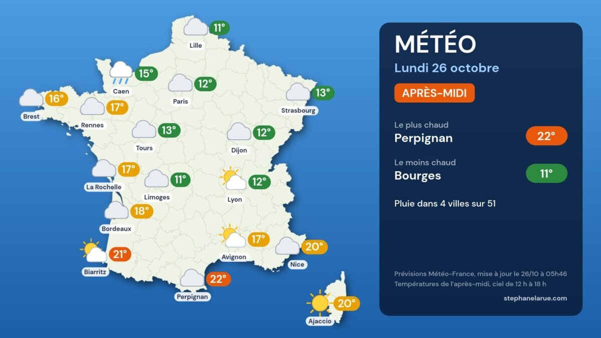 Carte météo de la France du lundi 26 octobre, l’après-midi