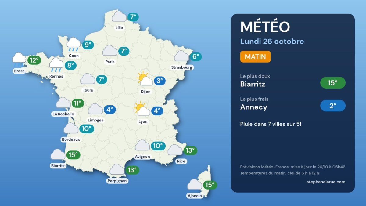 Carte météo de la France du lundi 26 octobre, le matin