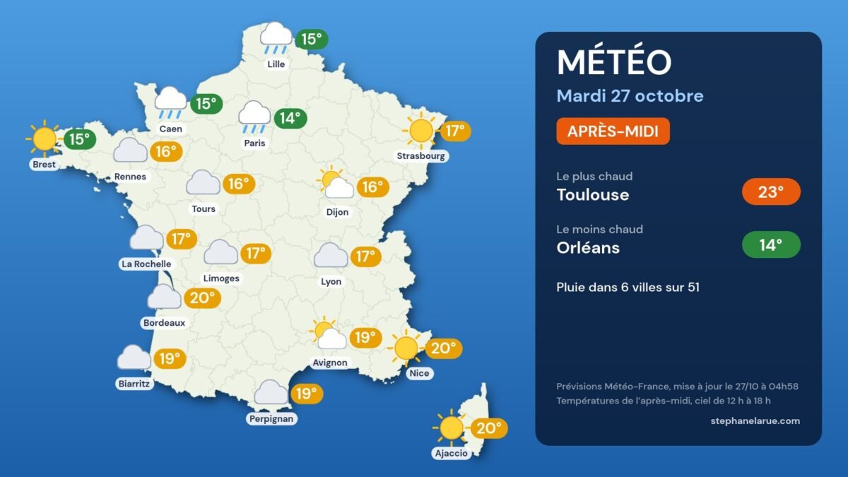 Carte météo de la France du mardi 27 octobre, l’après-midi