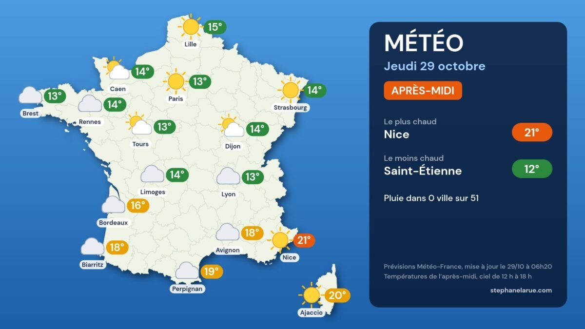 Carte météo de la France du jeudi 29 octobre, l’après-midi