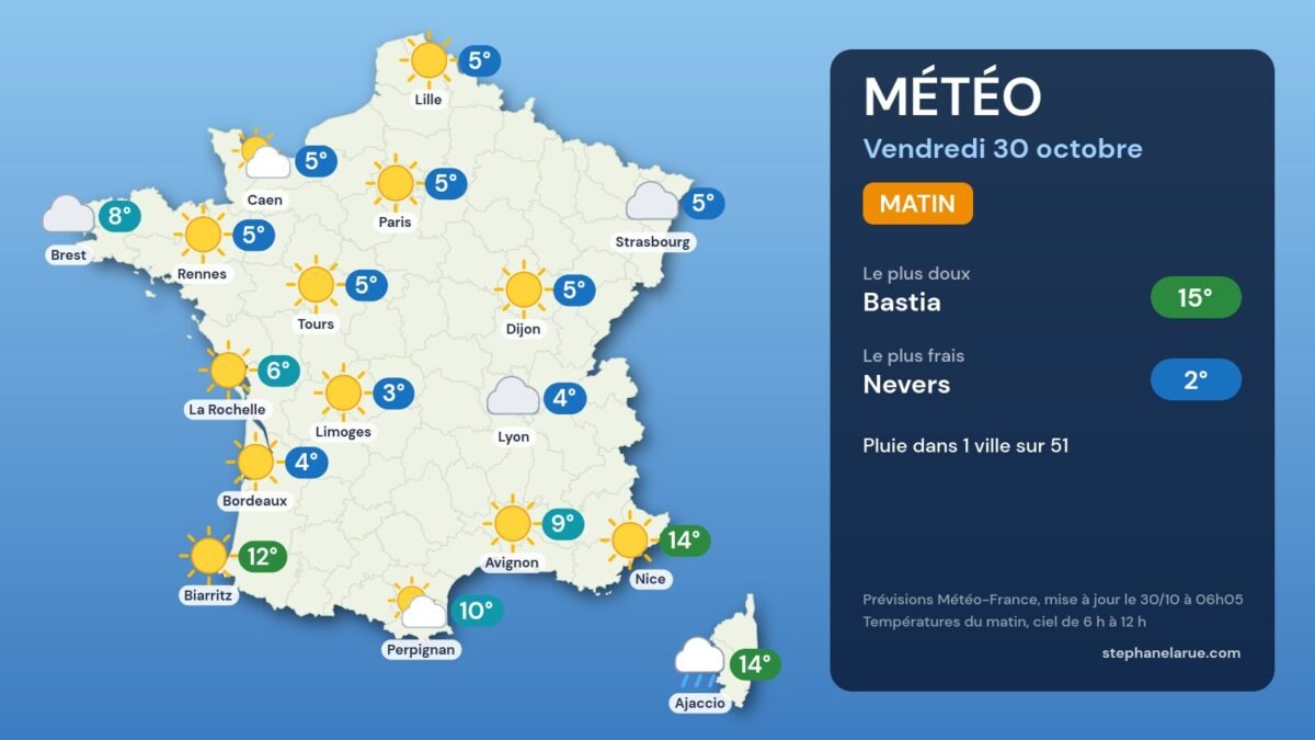 Carte météo de la France du vendredi 30 octobre, le matin