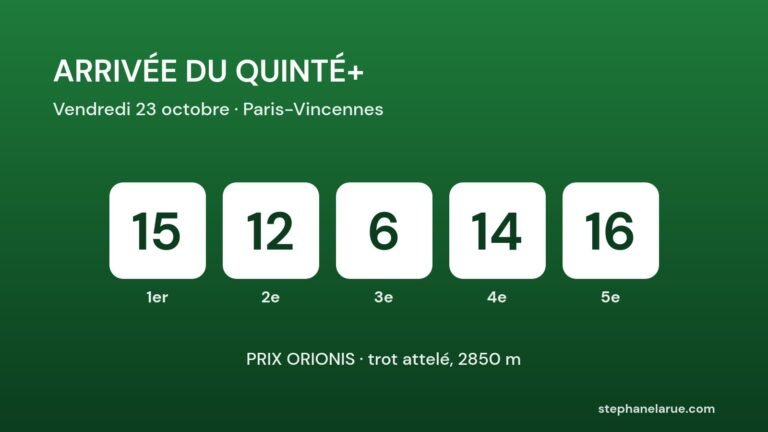 Quinté+ du vendredi 23 octobre : l’arrivée 15 - 12 - 6 - 14 - 16 et les rapports Arrivée du Quinté+ du vendredi 23 octobre