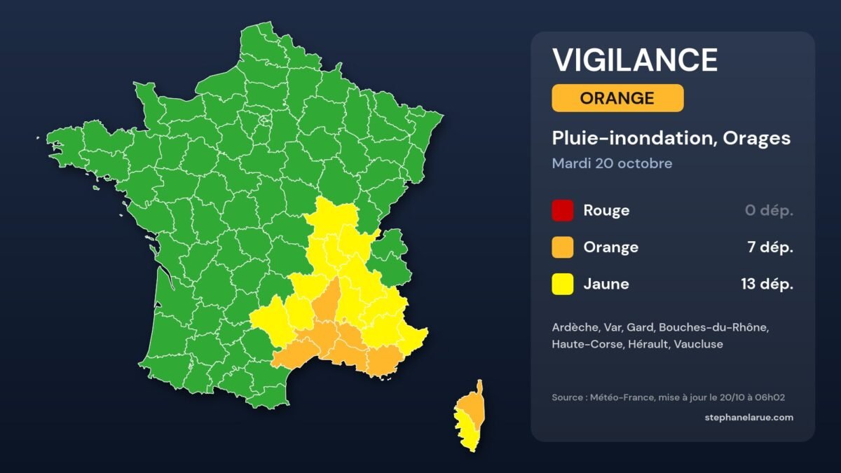 Haute-corse : vigilance orange, jusqu'à 200 mm de pluie attendus mardi Carte des vigilances météo du mardi 20 octobre