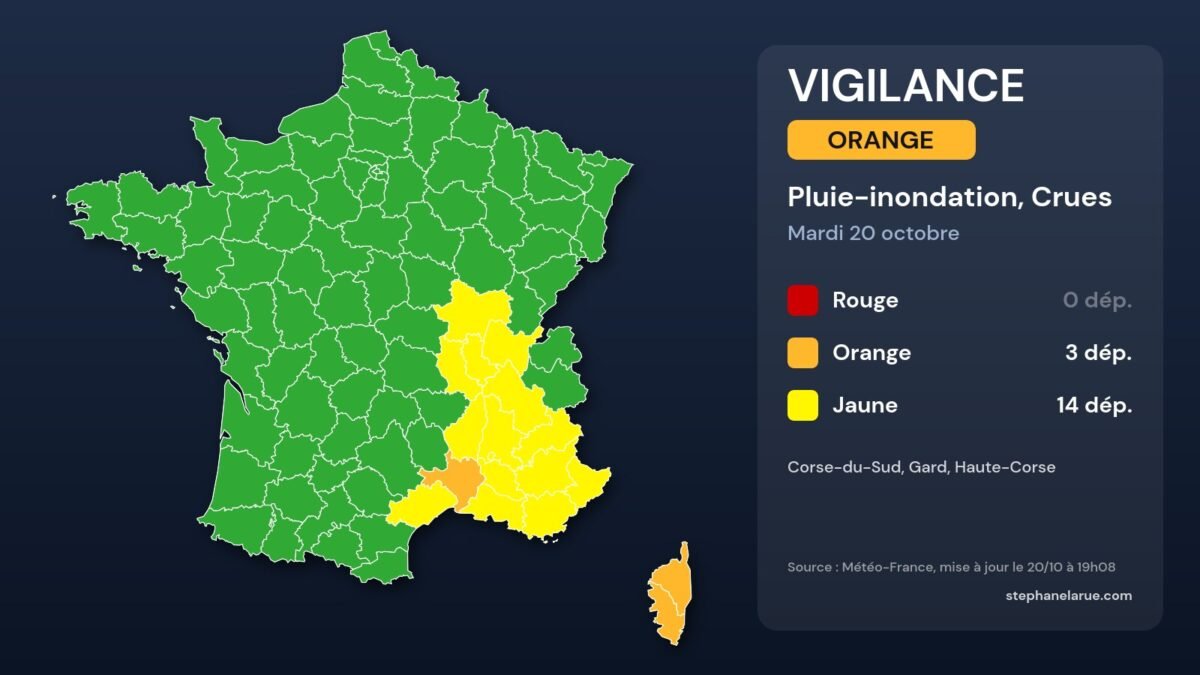 Vigilance rouge haute-corse levée à 19 h 17 : rester chez soi jusqu'à minuit Carte des vigilances météo du mardi 20 octobre