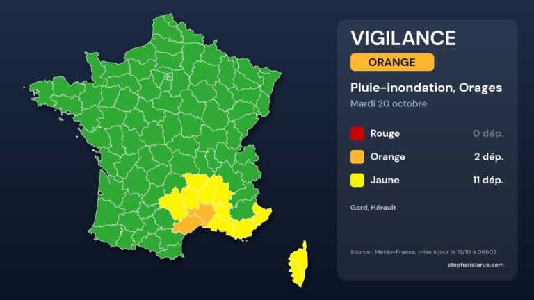 Direct. Vigilance orange pluie-inondation et orages : gard et hérault, mardi 20 octobre Carte des vigilances météo du mardi 20 octobre