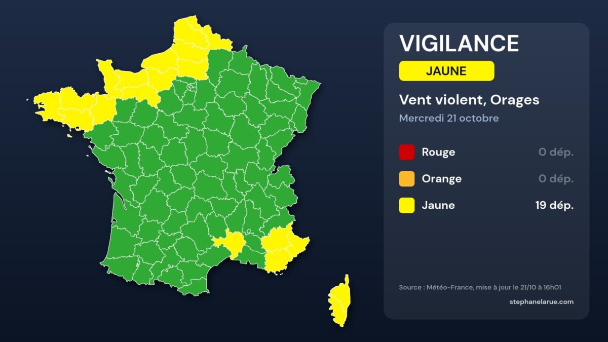 Crues dans le gard et l'hérault : fin de l'alerte orange, mais l'eau stagne encore Carte des vigilances météo du mercredi 21 octobre