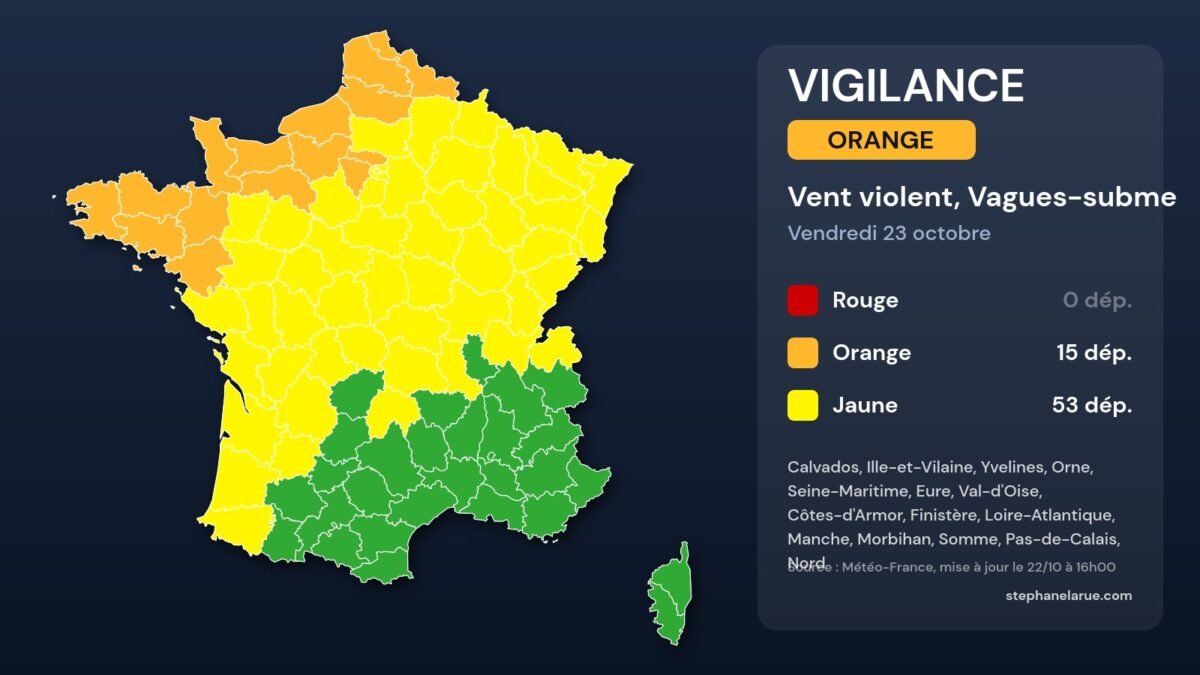 Tempête austen : parcs fermés vendredi à nanterre, angers et antony, cimetières aussi Carte des vigilances météo du vendredi 23 octobre