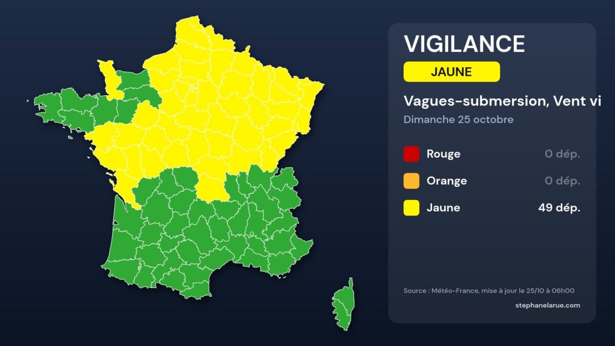 Vigilance jaune pluie-inondation : la liste des 20 départements ce dimanche Carte des vigilances météo du dimanche 25 octobre
